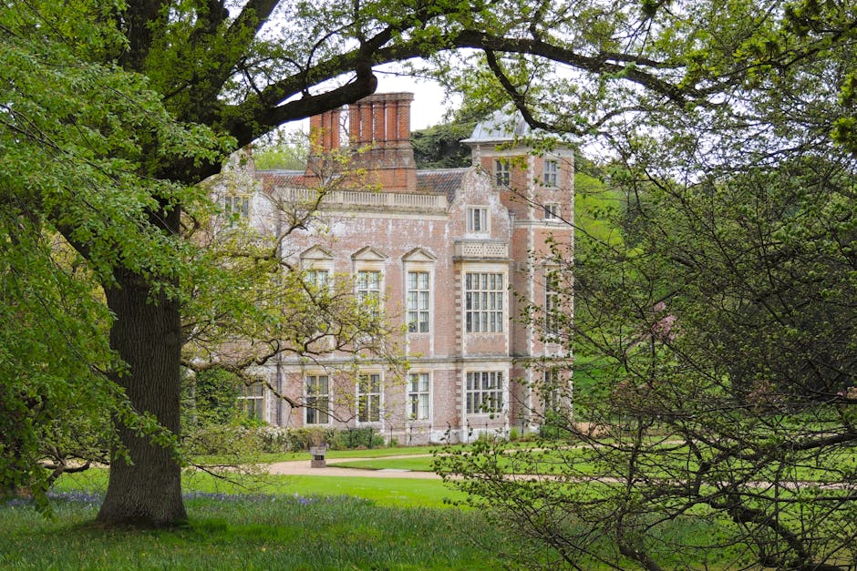 A large historic brick mansion with multiple tall, white-framed windows and ornate architectural details is partially obscured by surrounding trees and foliage. In the foreground, a mature tree with t
